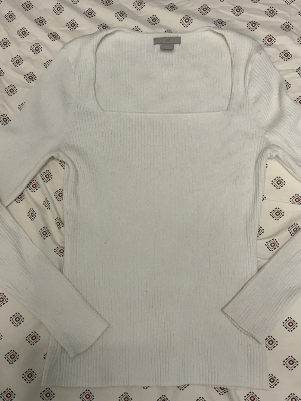 H & M Women’s White Medium Ribbed Long Sleeve Square Neckline Coquette Feminine